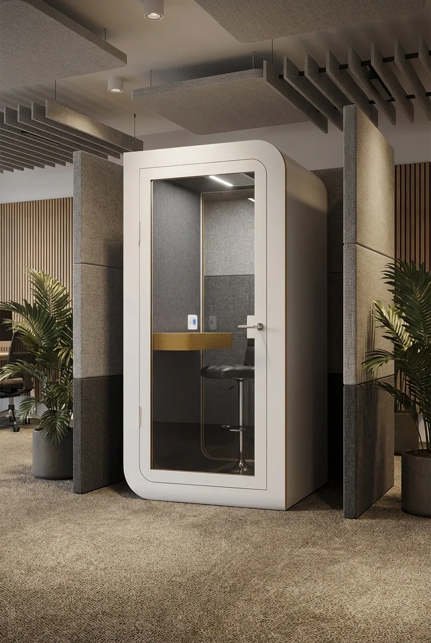 Akustikkabine im sonnendurchfluteten Großraumbüro