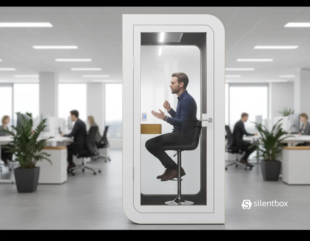 Person telefoniert in einer SilentBox Akustikkabine